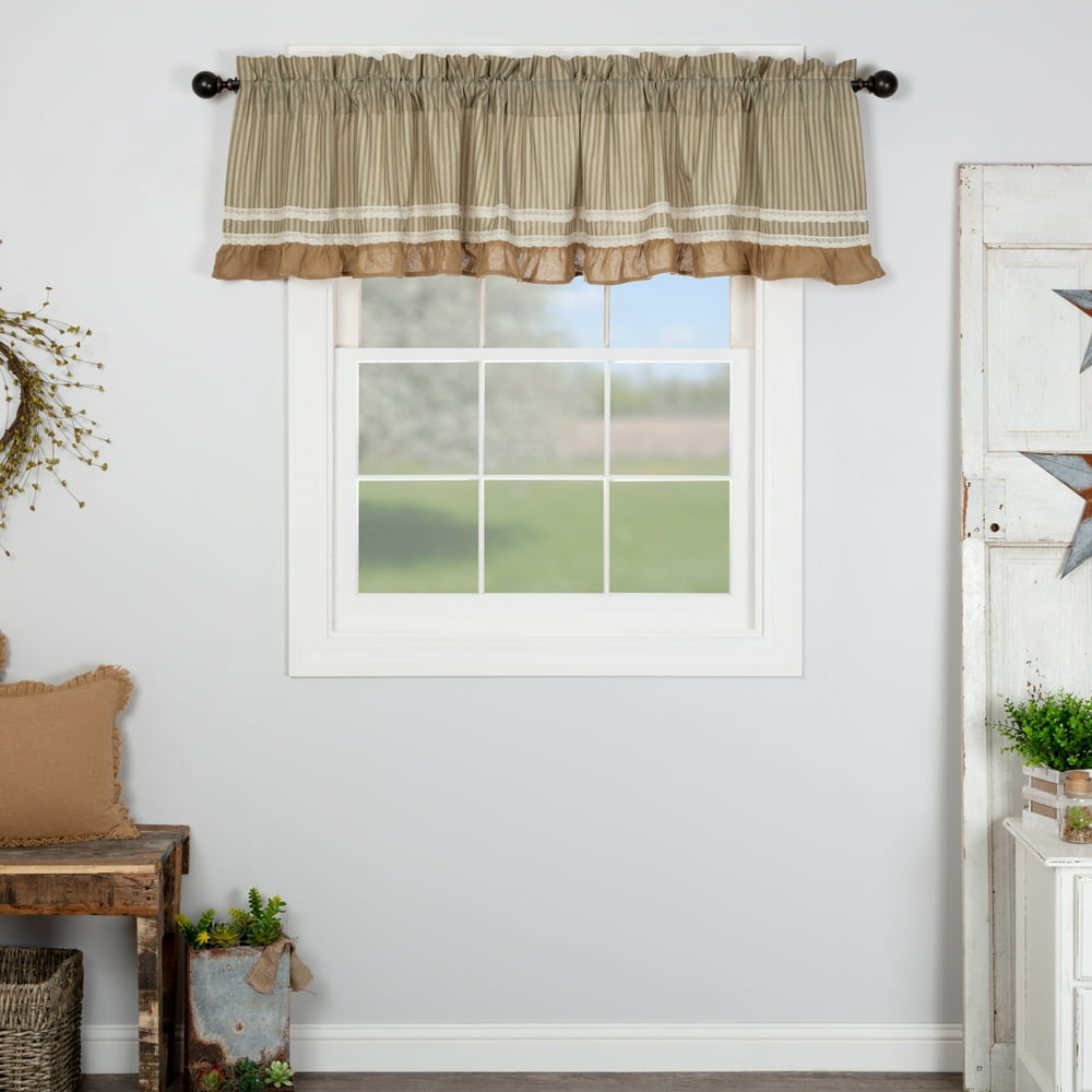 Khaki Green Tan Farmhouse Kitchen Curtains Kendra Stripe Rod Pocket
