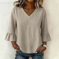 thumbnail image 2 of Womens Gauze Tops Ruffle 3/4 Length Sleeve V Neck Shirts Dressy Casual Blouses Summer Cute Vacation Tops, S, 2 of 7