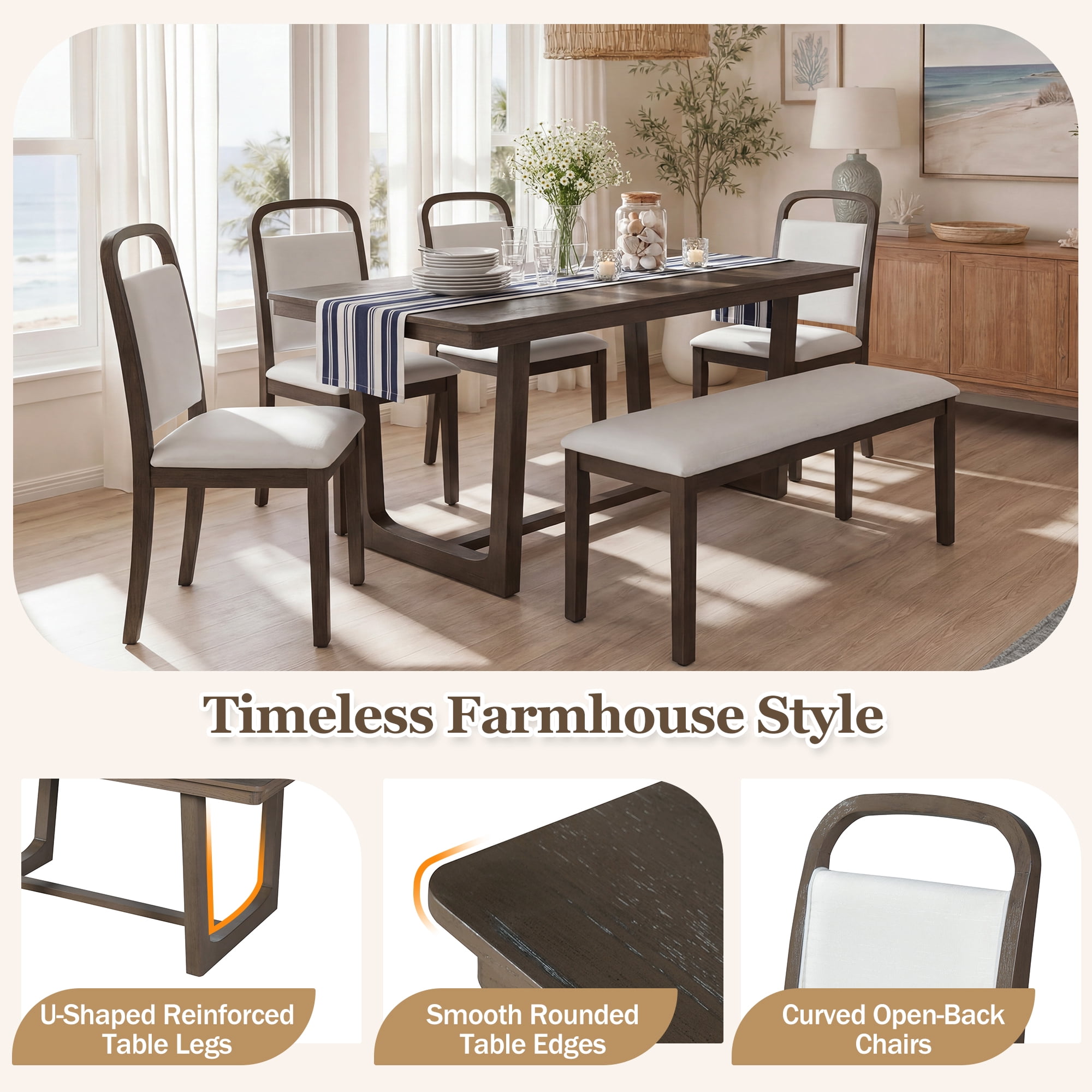6-Piece Dining Table Set for 6, 60" Rectangular Dining Table with 4 Upholstered Chairs and 1 Bench