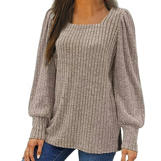 Meichang Puff Long Sleeve Shirts for Women Plus Size Square Neck Ribbed Knit Tops Solid Loose Fit Side Slit Hem Blouses Spring Trendy Women Tunic Tops