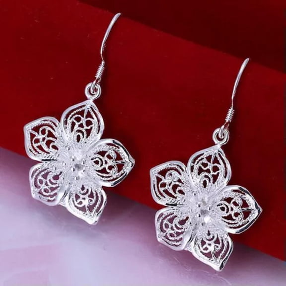 QQTDFG 925 Silver Fashion Jewelry Joker Drop Heart Fashion Women's Earrings Dangle-Retro Flower-E035