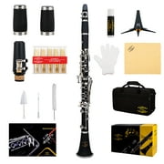 Glory GLY-PBK Professional Ebonite Bb Clarinet with 10 Reeds, Stand, Hard Case, Cleaning Cloth, Cork Grease, Mouthpiece Brush and Pad Brush, Black