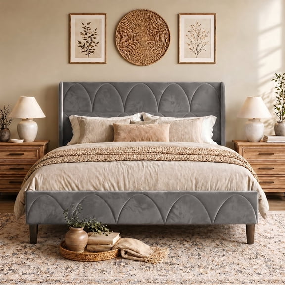 BrooveWave Full Size Velvet Upholstered Platform Bed with Wingback Headboard, Grey