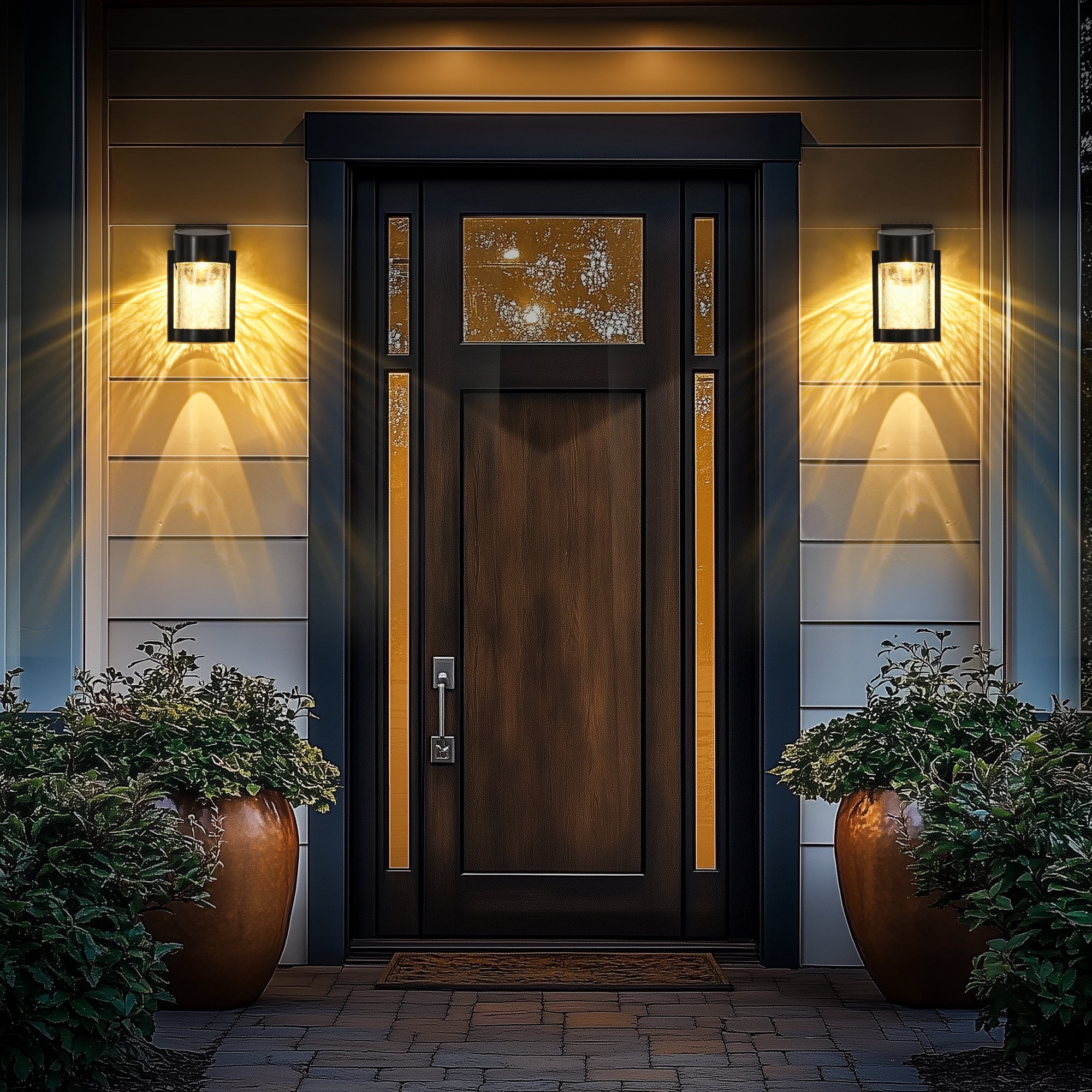 FKHouse Solar Outdoor Wall Lanterns, 2 Pack Outdoor Waterproof Lights Fixtures Wall Sconce with Glass for Patio, Garden