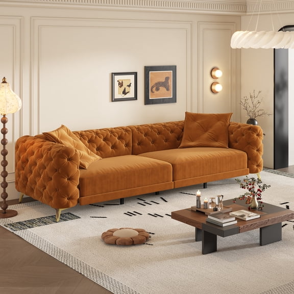 97.7" 3-in-1 Convertible Sleeper Sofa, Pull-Out Sofa Bed with 28.4" Deep Seat, Button Tufted Modern 4-Seater Couch, Includes Movable Ottoman for Apartment, Office or Bedroom (Orange)
