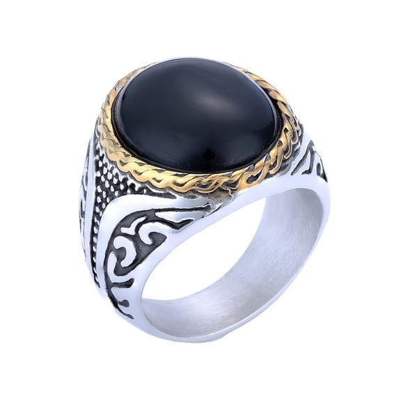 PAMTIER Men's Stainless Steel Vintage Hip Hop Oval Special Flower Carved Gemstone Biker Ring European and American Style Black Size 11