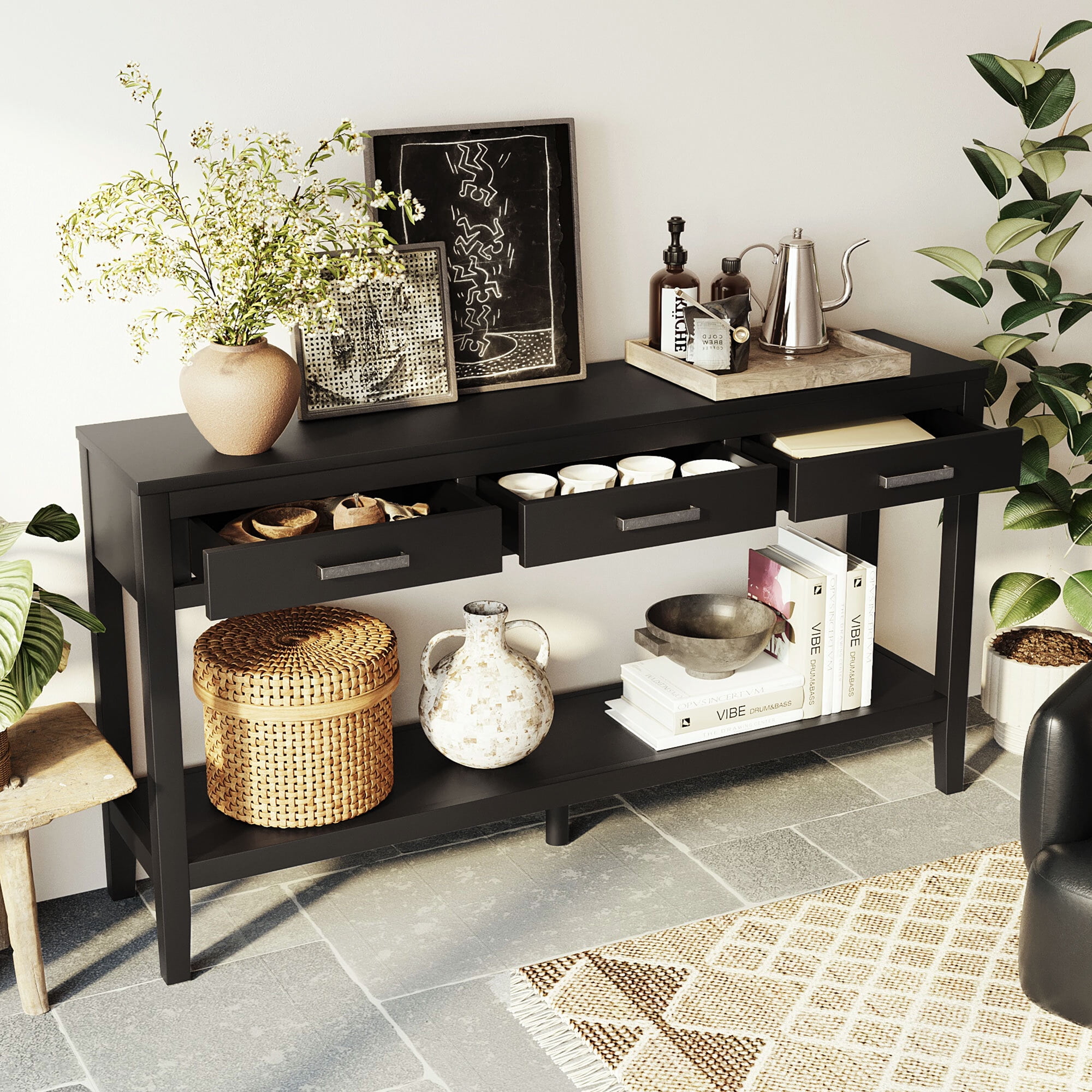 EUROCO 59.1" Longer Console Table, Narrow Wood Sofa Table with 3 Drawers and Open Storage Shelf,2 Tier Behind Couch Table Entryway Table for Living Room,Entryway,Hallway,Black