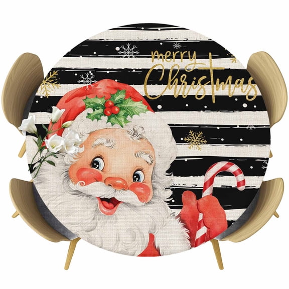 Red Striped Christmas Table Cloth, Round Fitted Tablecloths with Elastic Edge, Santa Xmas Snowflake Farmhouse Wipeable Waterproof Table Cover for Kitchen Wedding 55-60 Inches