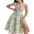 thumbnail image 3 of Femmes Col Carré Bustier Robe Sling Boho Imprimé Floral Fente Midi Sans Dos Robe Y2k Corset Coupe Basse Partie Robe Fluide, 3 of 9