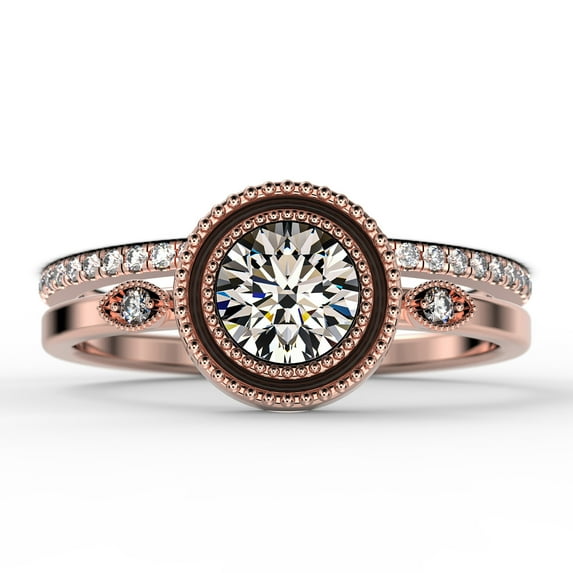 Gorgeous Art nouvea 1.60 Carat Round Cut Diamond Moissanite Engagement Ring, Boho Moissanite Wedding Ring, One Matching Band in 10k Solid Rose Gold, Gift For Her, Promise Ring