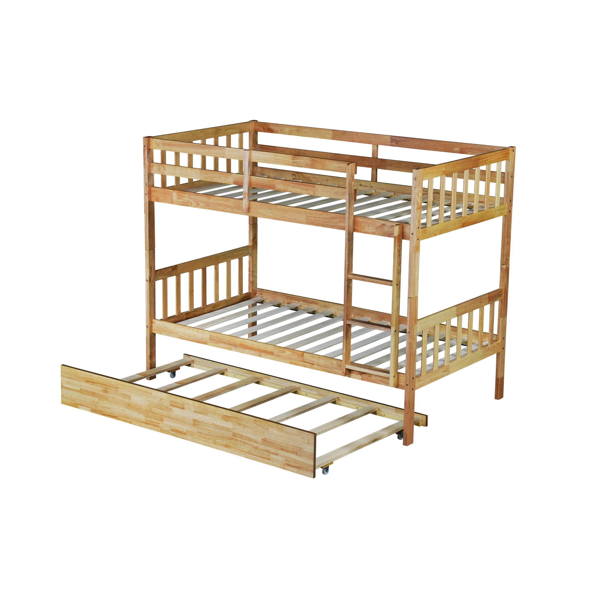 Leumius Twin over Twin Size Bunk Bed Frame with Trundle, Twin Size Bunk Bed with Ladder and Safety Guardrails for Boys Girls Oak
