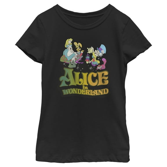 Girl's Alice in Wonderland Alice and Mad Hatter Party  Graphic Tee Black Medium