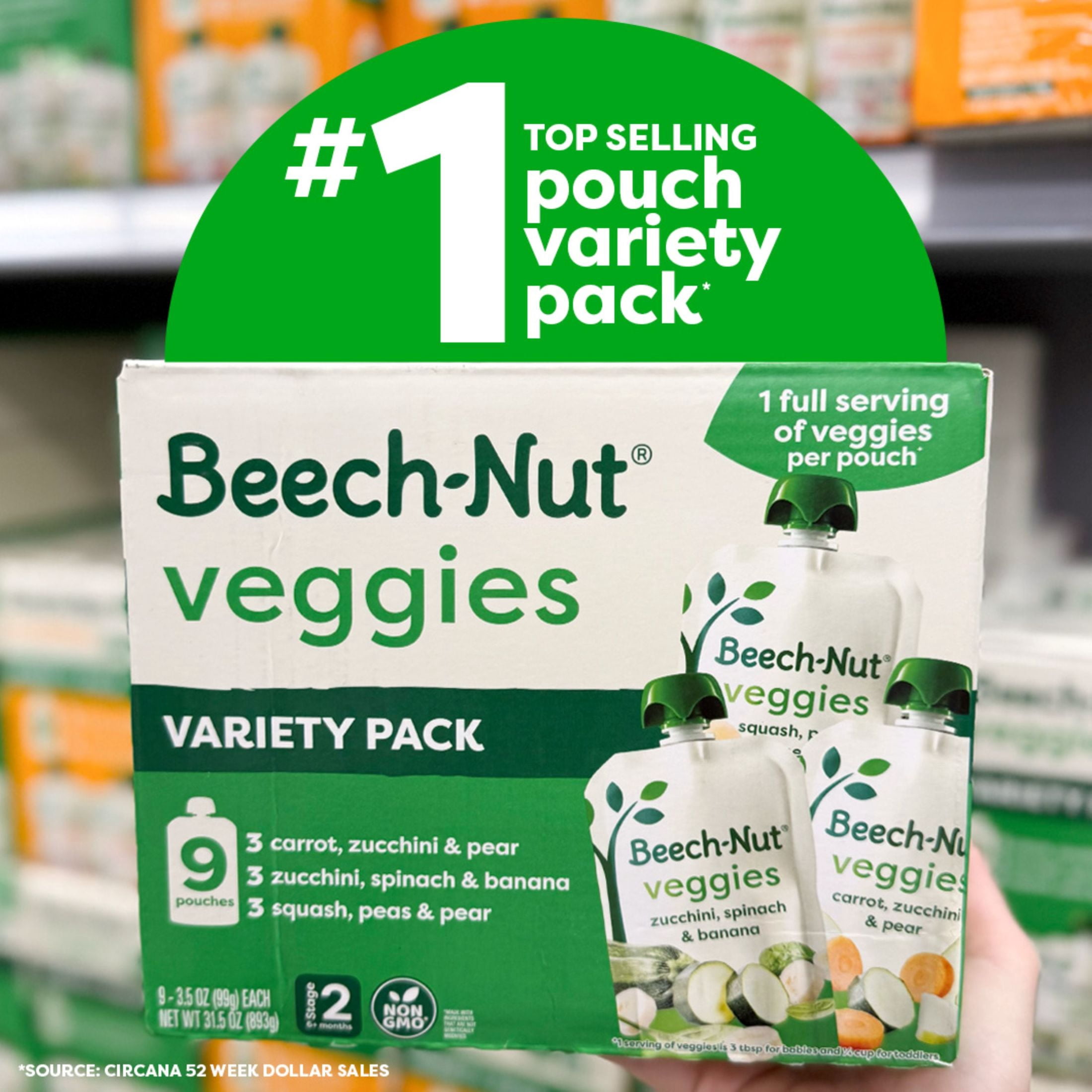 Beech-Nut Veggies Stage 2 Baby Food Pouch Variety Pack, Vegetable & Fruit Puree Pouches, 3.5 oz Pouch (9 Pack)
