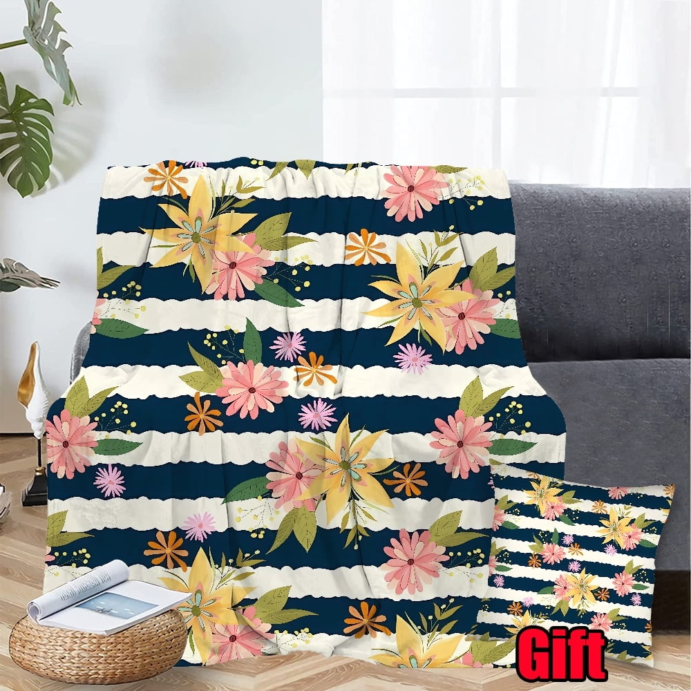 Printed Floral Striped Bed Blanket With Pillow Cover For Couch Sofa