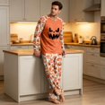 thumbnail image 4 of Men's Halloween Pajama Set Long Sleeve Raglan Soft Cotton Loungewear with Print Top & Full Length Pants for Home Night Orange L, 4 of 6