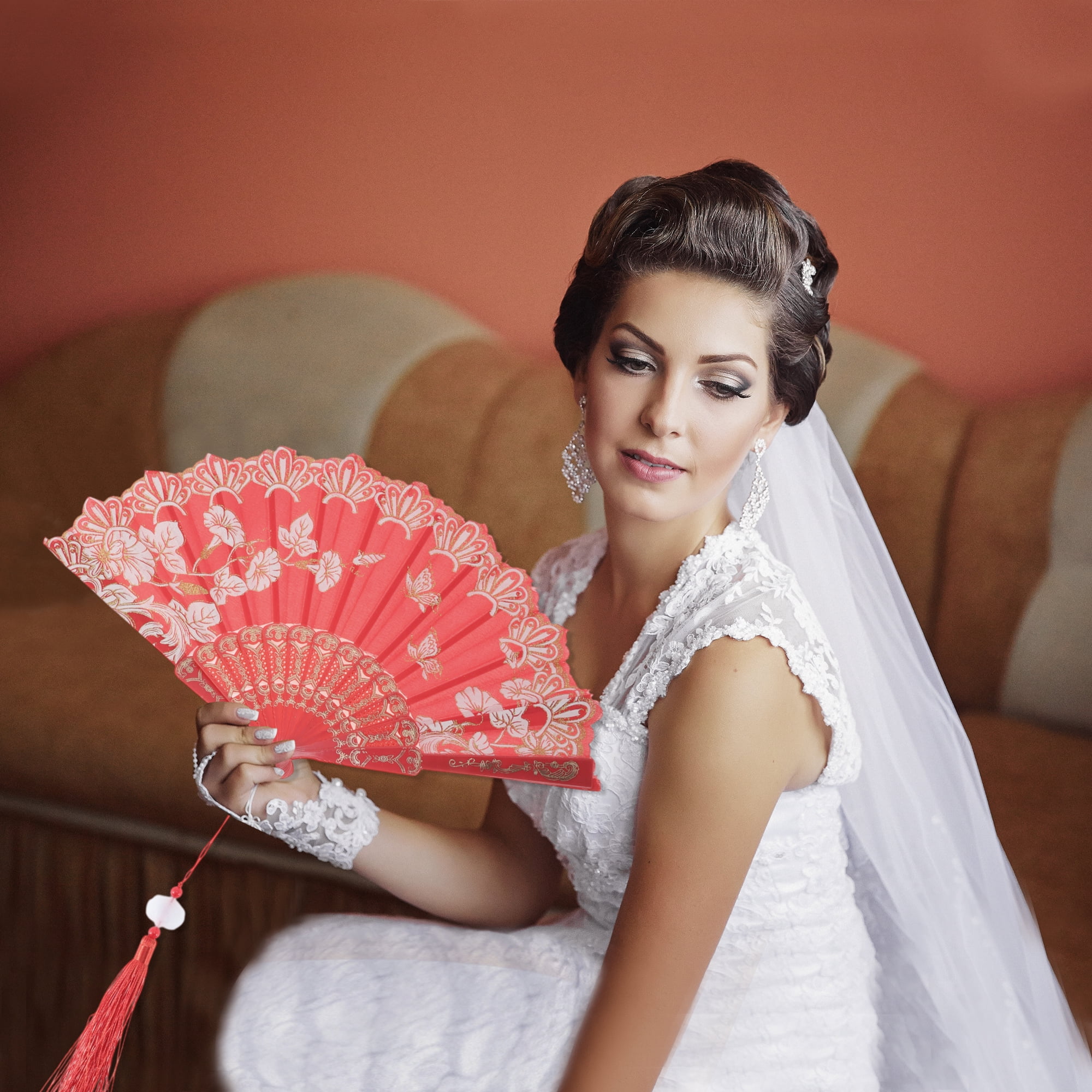Unique Bargains Tassel Folding Fan 1 Pc for Weddings Parties Red