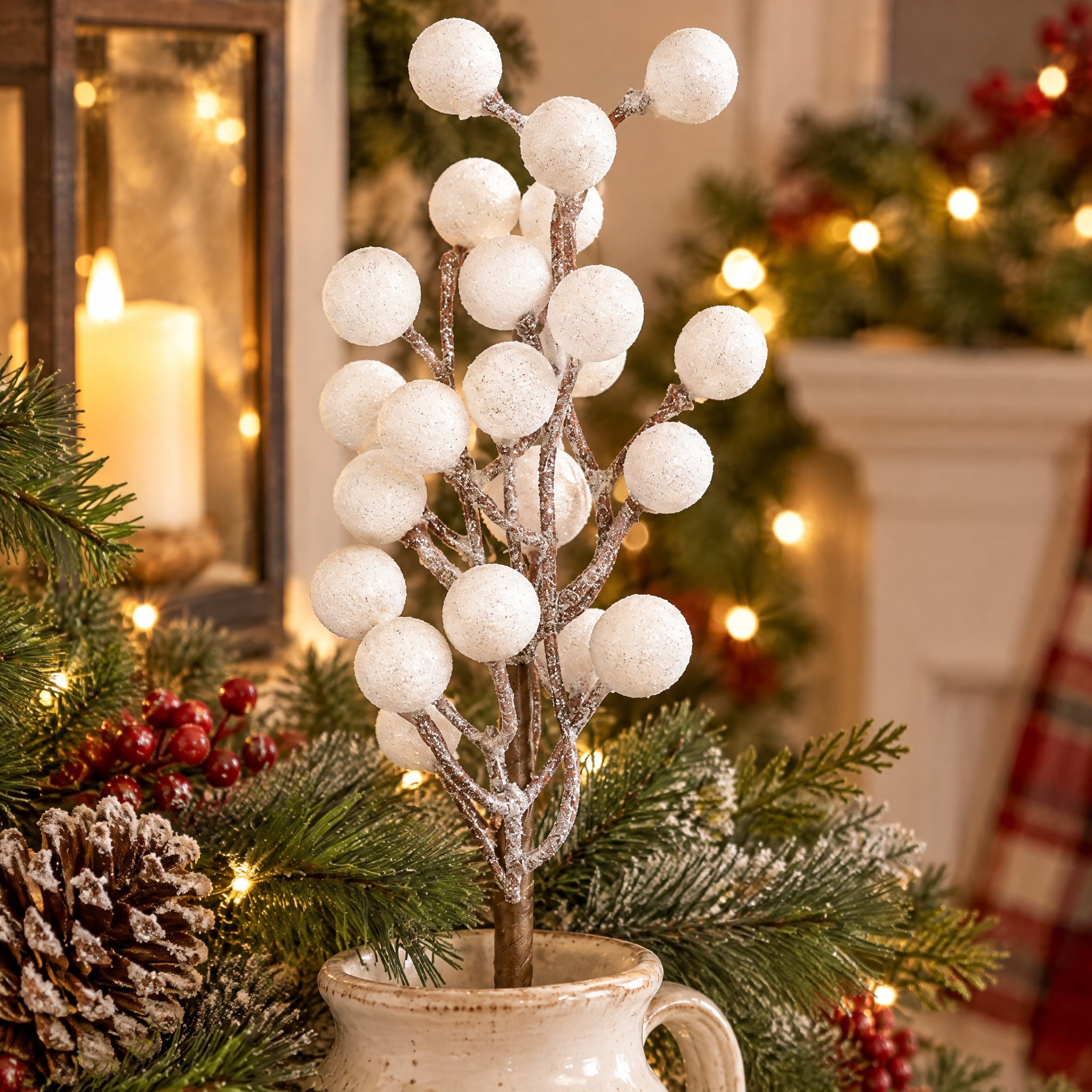 White Glitter Berry Decorative Christmas Pick, 9", by Holiday Time