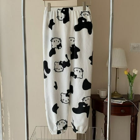 

Sanrio Hello Kitty Flannel Pajamas Black Women s Warm Woolen Cartoon Casual Home Pants In Autumn Winter Fashion Trousers