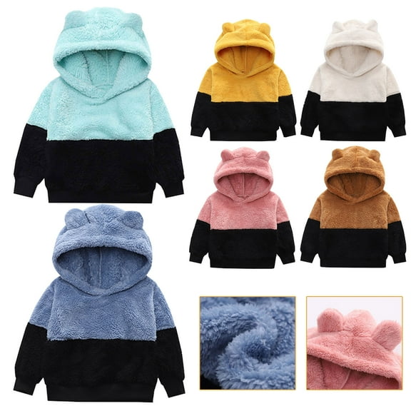 Sriper Baby Girls' Fuzzy Pullover, Color Blocked Hooded Sweater, Long Sleeve Warm Top, Toddler Winter Clothes, Funnyny Casual Outfit, Ropa para Niña, Soft & Snug Size Blue 3-4 Years