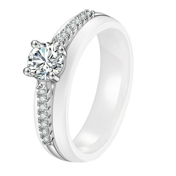 HIJONES Women's Stainless Steel Dainty Cubic Zirconia Ceramic Engagement Wedding Promise Band Rings for Her Women Wife Bride Mom Lover Jewelry Birthday White Size 6