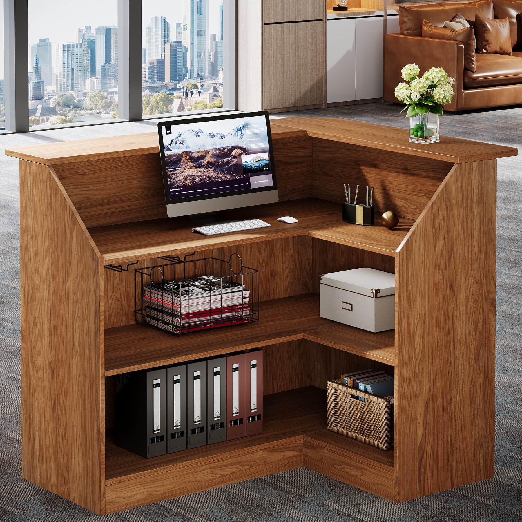 Finmind L-Shaped Reception Desk with Storage Shelves, Modern Front Counter Table for Office, Salon, Checkout Office, Vintage Brown