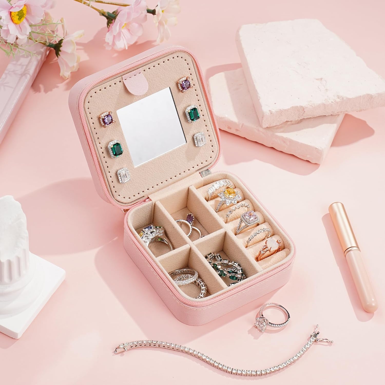 Travel Jewelry Case For Women Girls, Initial Jewelry Box | Small Jewelry Box | Travel Jewelry Box For Women | Travel Jewelry Case | Travel Gifts For Women| Travel Jewelry Organizer - Pink[Z1]