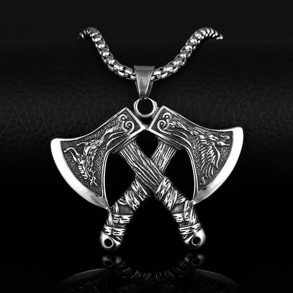 GKNET Norse Viking Double Wolf Raven Axe Pendant Necklace Chain Men's Delicate Jewelry Gift