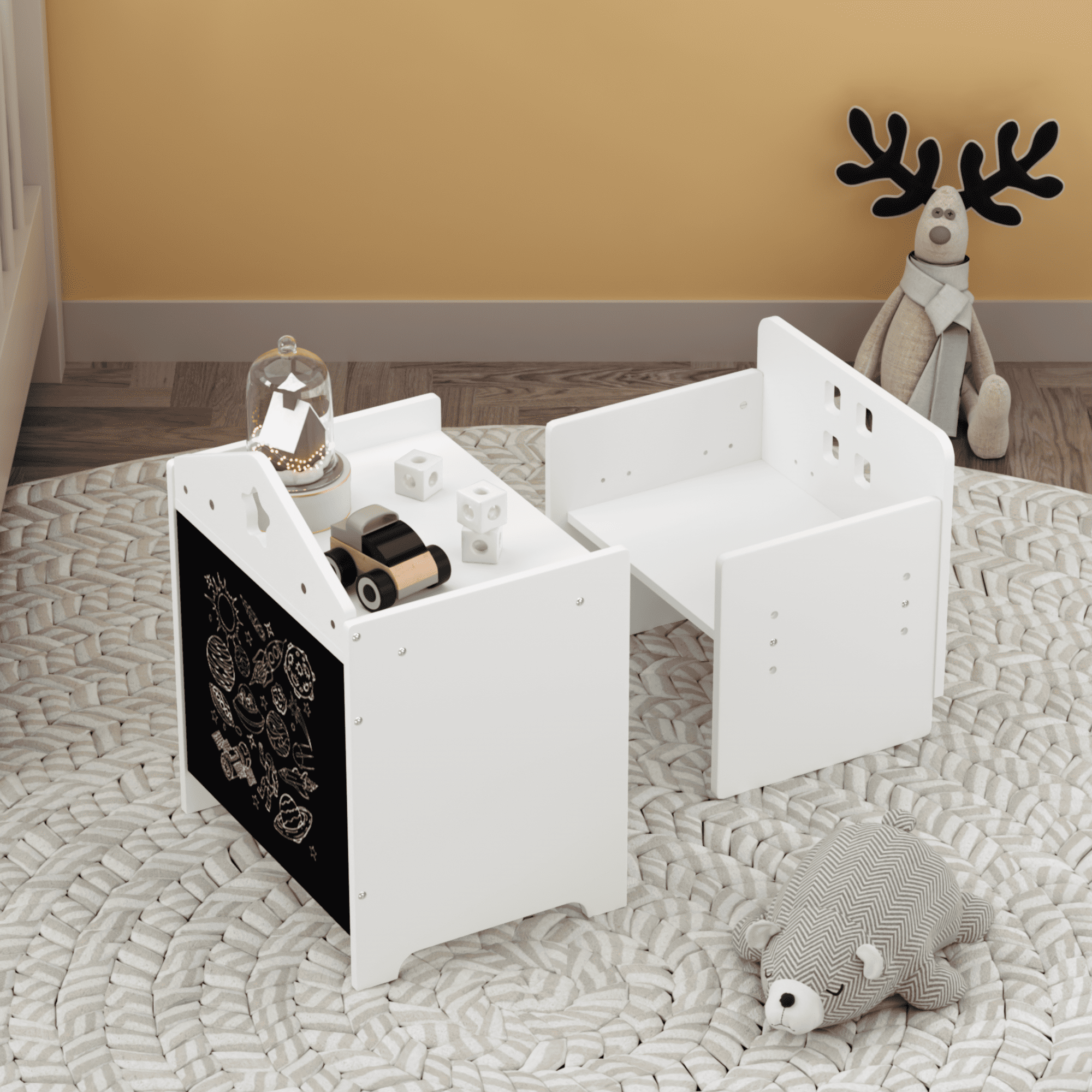 Kids Table and Chair Combo Unit with Writable Surface Adjustable Seat MDF Childrens Activity Furniture