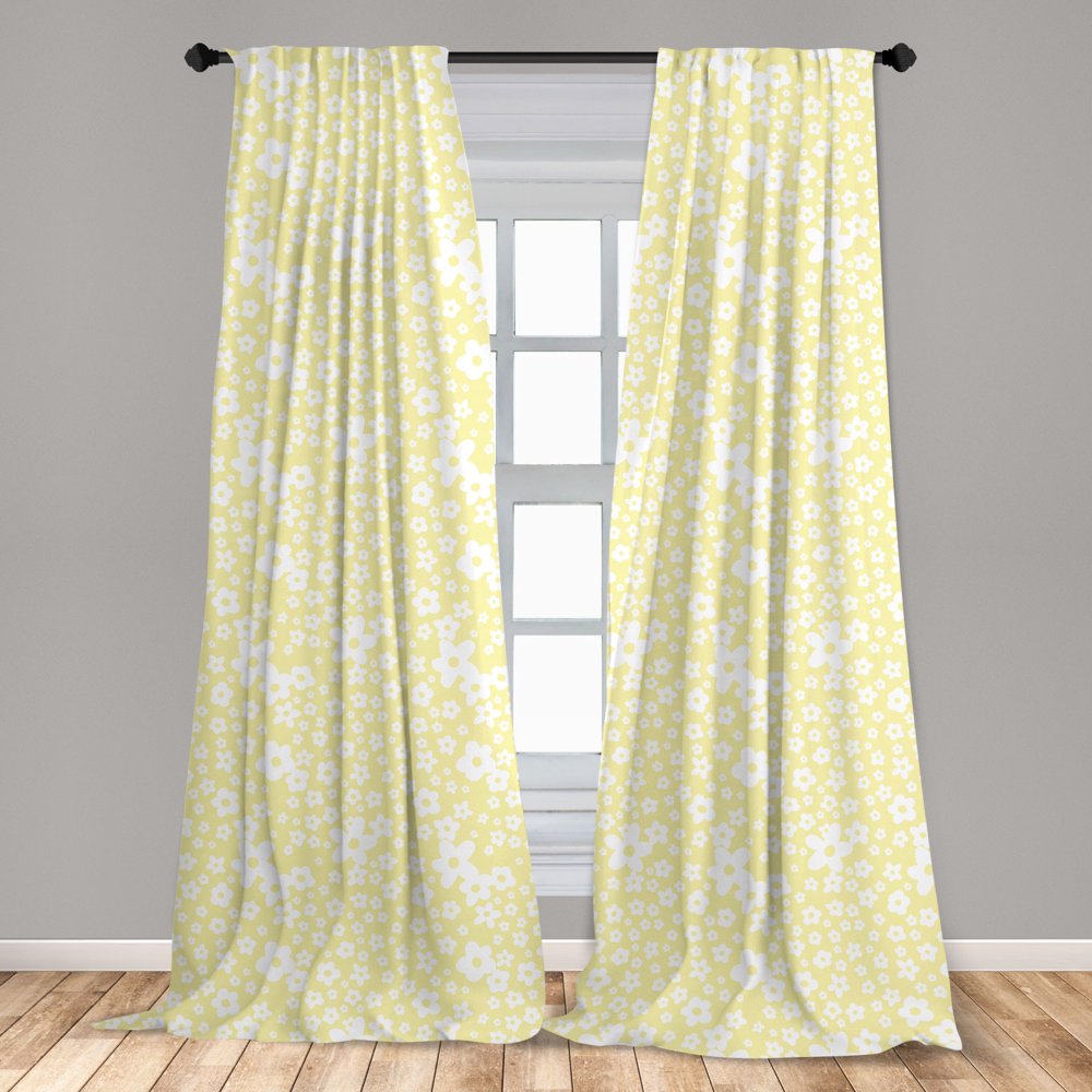 Floral Curtains 2 Panels Set, Graphic Daisy Blossoms Design on Yellow