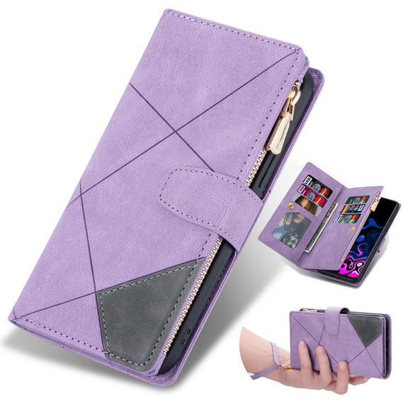 Dteck for iPhone 15 Pro Case Wallet with 9 Card Slots Premium Soft PU Leather Zipper Folio Flip with Wrist Strap Kickstand Protective Phone Cover for iPhone 15 Pro Wallet Case,Purple