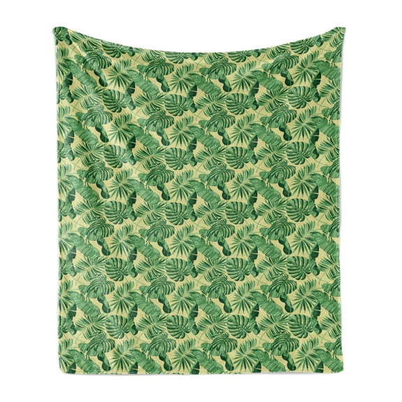 Jungle Soft Flannel Fleece Throw Blanket, Botanical Foliage Pattern Inspired by Greenery of Brazilian Rainforests, Cozy Plush for Indoor and Outdoor Use, 70" x 90", Eggshell and Green, by Ambesonne