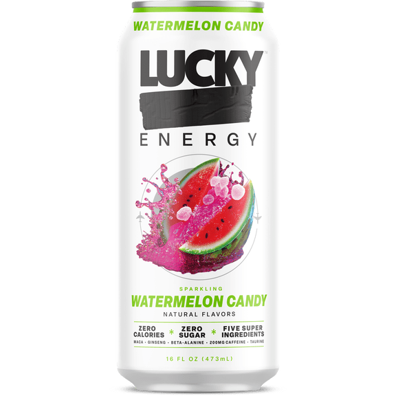 Lucky Energy Sugar Free Energy Drinks 16 fl oz Can, Watermelon Candy with Maca, Ginseng, Taurine, Beta-Alanine, 200mg Caffeine, Zero Calories