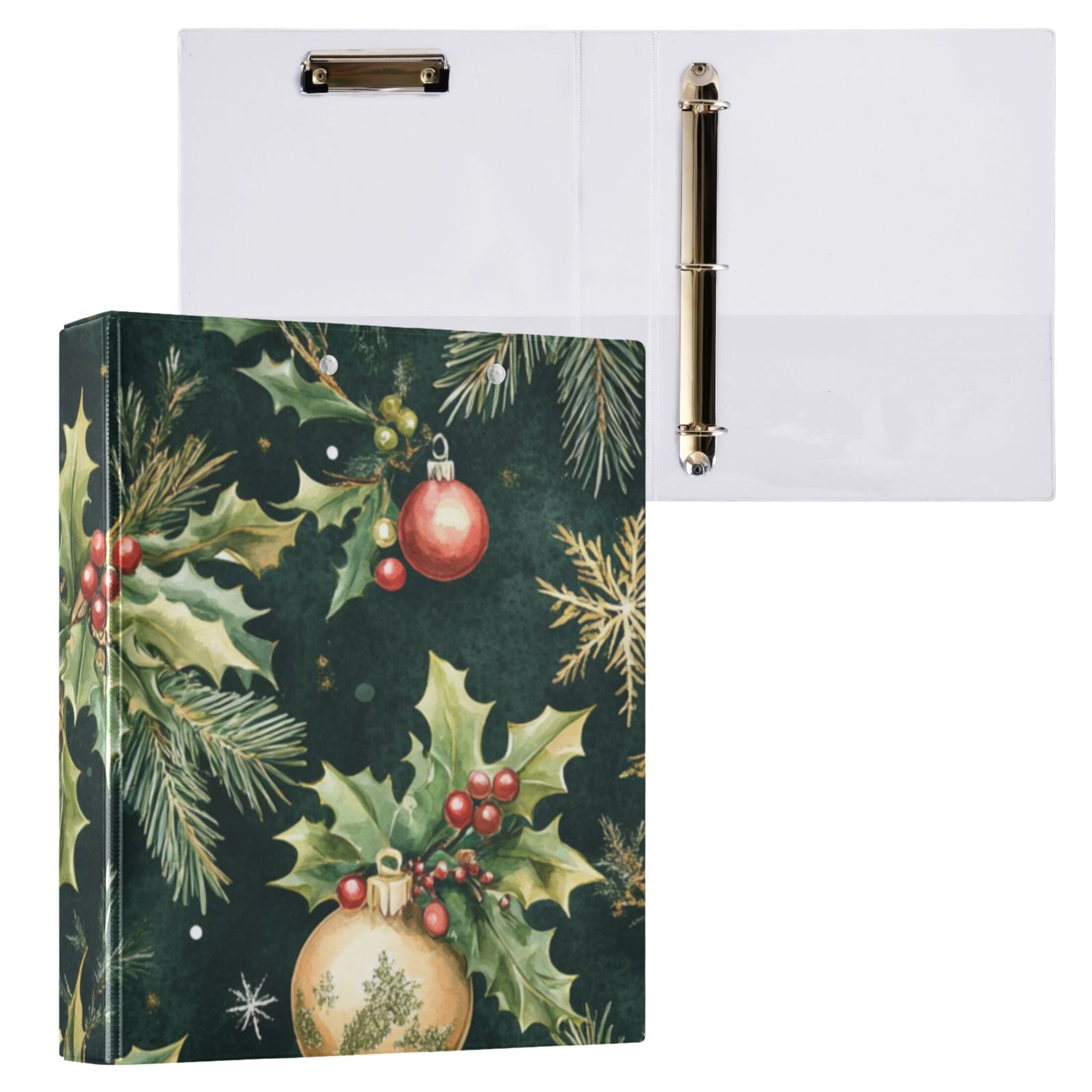Christmas Green and Gold 3 Ring Binders 1.5 inch Hardcover File Folders with Interior Pockets A4 Size Organizer for School Office Hospital
