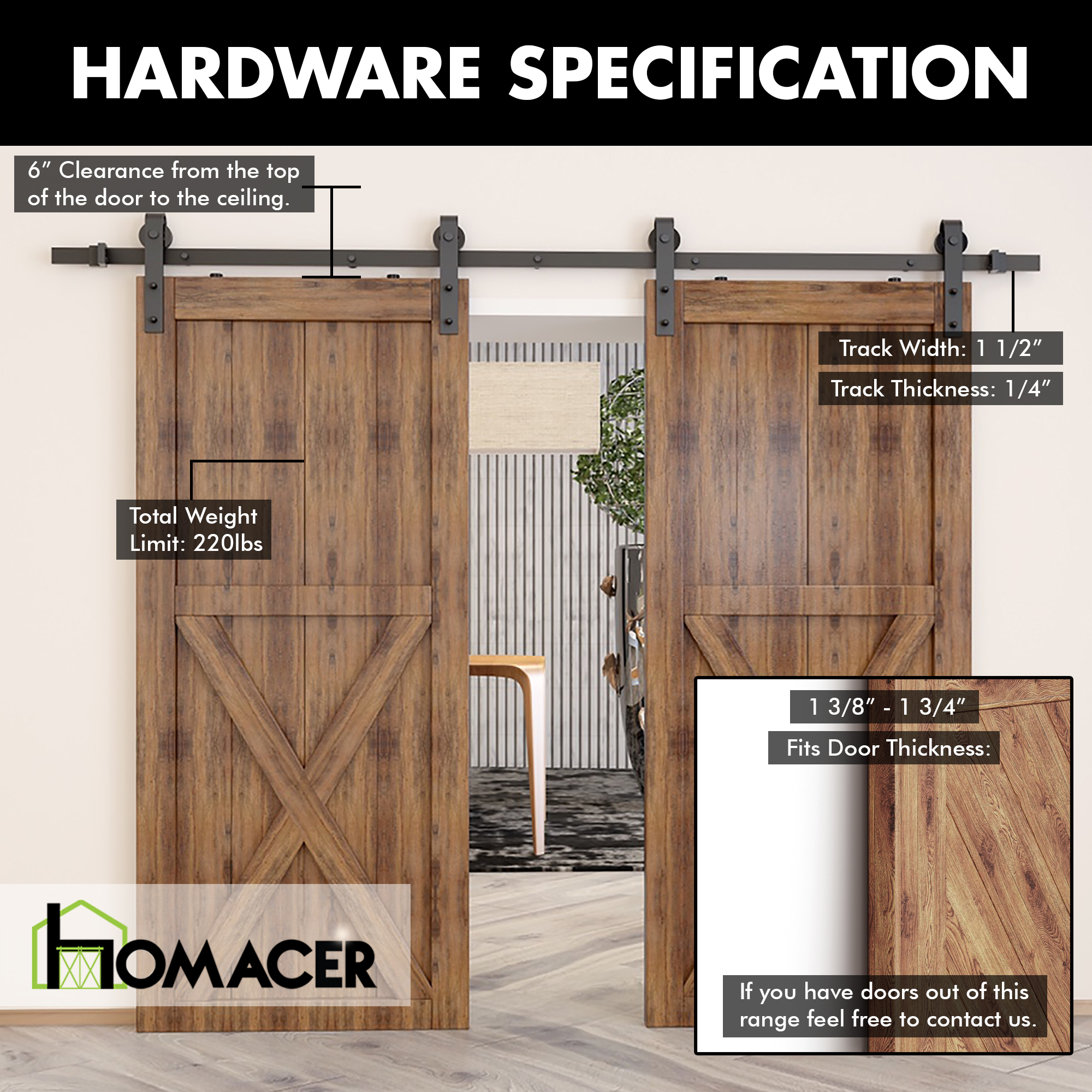 Homacer Black Rustic Sliding Barn Door Hardware Kit, for Two/Double Doors, 8ft Long Flat Track, Classic Design Roller, Heavy Duty, for Interior & Exterior Use - image 4 of 7