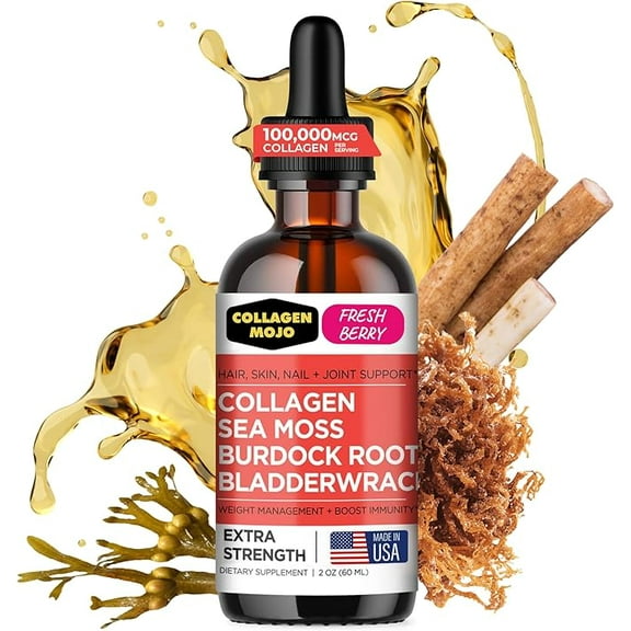 Liquid Collagen Peptides with Sea Moss, Burdock Root & Bladderwrack - High Potency/Absorption Formula. Hair, Skin, Nail   Joint Support. Weight Management & Immunity Booster – Collagen Mojo - 2 oz.