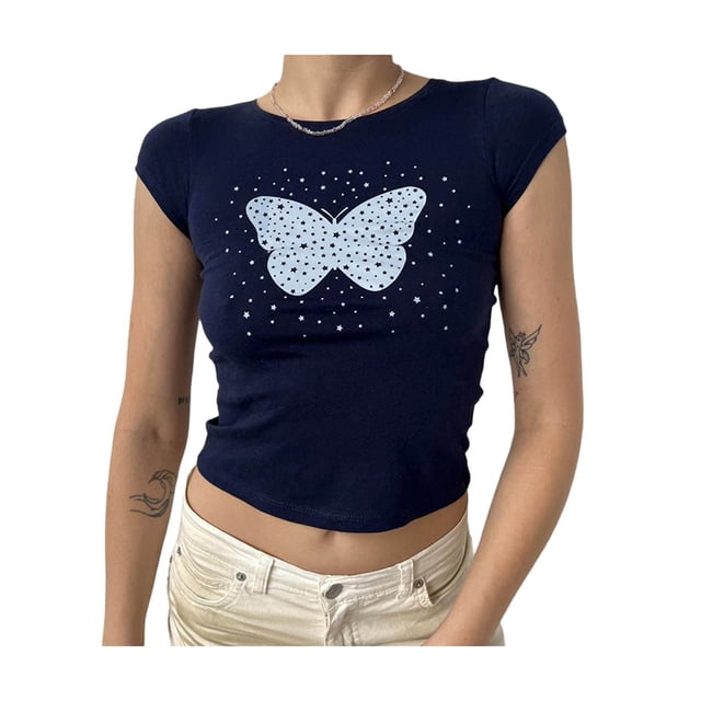 VISgogo Camiseta informal para mujer, manga corta, estampado de lunares de mariposa, cuello redondo, ropa de calle de ocio, camiseta de verano VISgogo moda