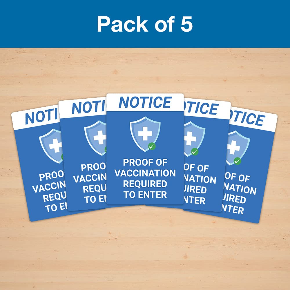 Proof of Vaccination Required to Enter Window Sticker - Pack of 5 Decals - Blue Design - 10 x 7 Inch Rectangle - Indoor Only - Removable Adhesive Vinyl - Online Labels
