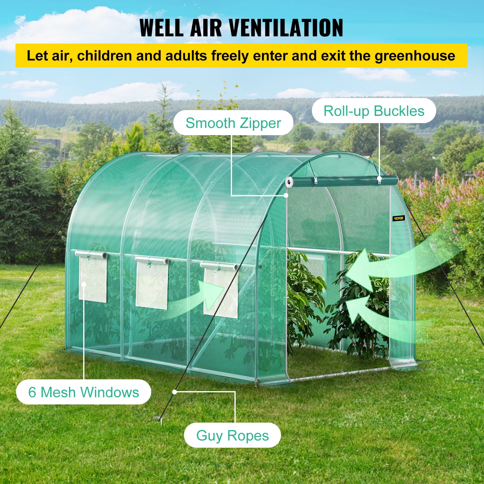 VEVOR Walk-in Tunnel Greenhouse, 9.8 x 6.6 x 6.6 ft Portable Plant Hot House with Galvanized Steel Hoops, 1 Top Beam, Diagonal Poles