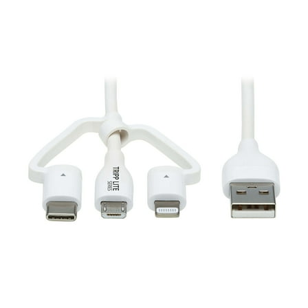 Tripp Lite by Eaton Safe-IT Universal USB-A to Lightning, USB Micro-B, and USB-C Charge and Sync Antibacterial Cable, White, 4 Ft., M101AB-004-LMCW