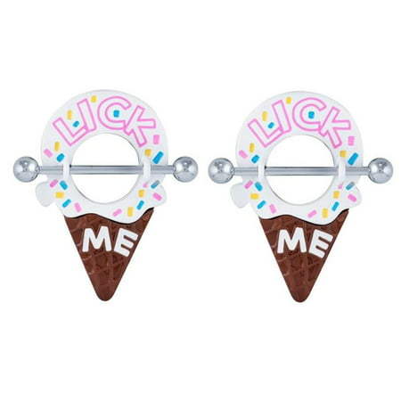 Nipple Ring Lick Me Ice Cream Cone Shield - Surgical Steel - Barbell (Best Nipple Piercing Cleaner)