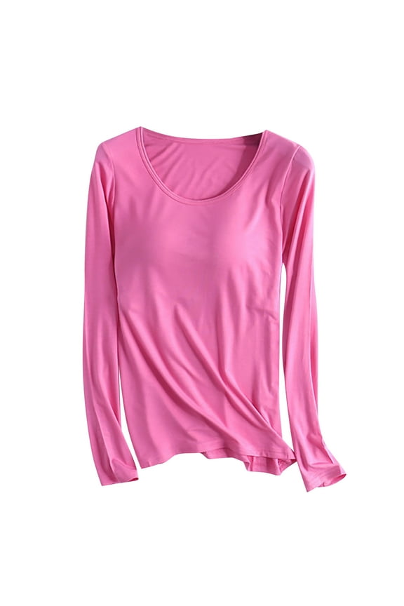 Womens Long Sleeve Basic Pajama Tops with Built in Bra Crew Neck Comfy Slim Fit Tees Shirts Workout Loungewear
