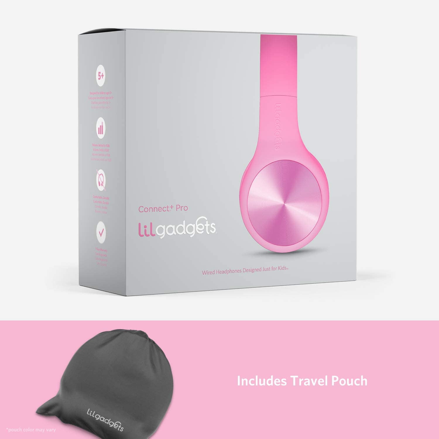 LilGadgets Connect+ Pro Wired Kids Headphones - Designed with Kids' Comfort in Mind, Child-Friendly Foldable Over-Ear Headset with In-line Microphone, Perfect for Toddlers in School, Pink
