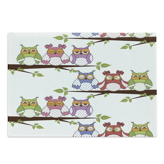 Owls Cutting Board, Owls on the Tree Branches Sitting in Horizontal Line Friendship Event Themed Art, Decorative Tempered Glass Cutting and Serving Board, Large Size, Multicolor, by Ambesonne