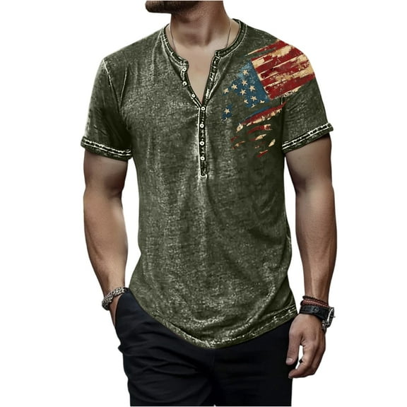 Classic Men's Independence Day Graphic Cotton T-Shirt, Soft Crew Neck Short Sleeve Top with Fade-Resistant Print ,Army Green L