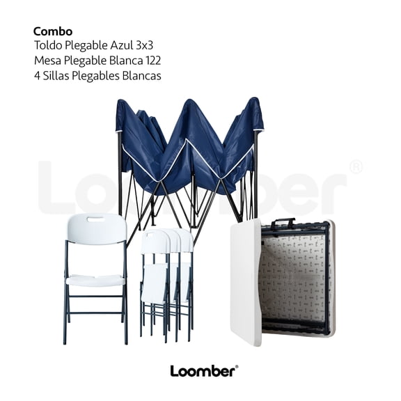 Combo de Mesa de 122 cm y 4 Sillas Plegables con Toldo Azul Impermeable