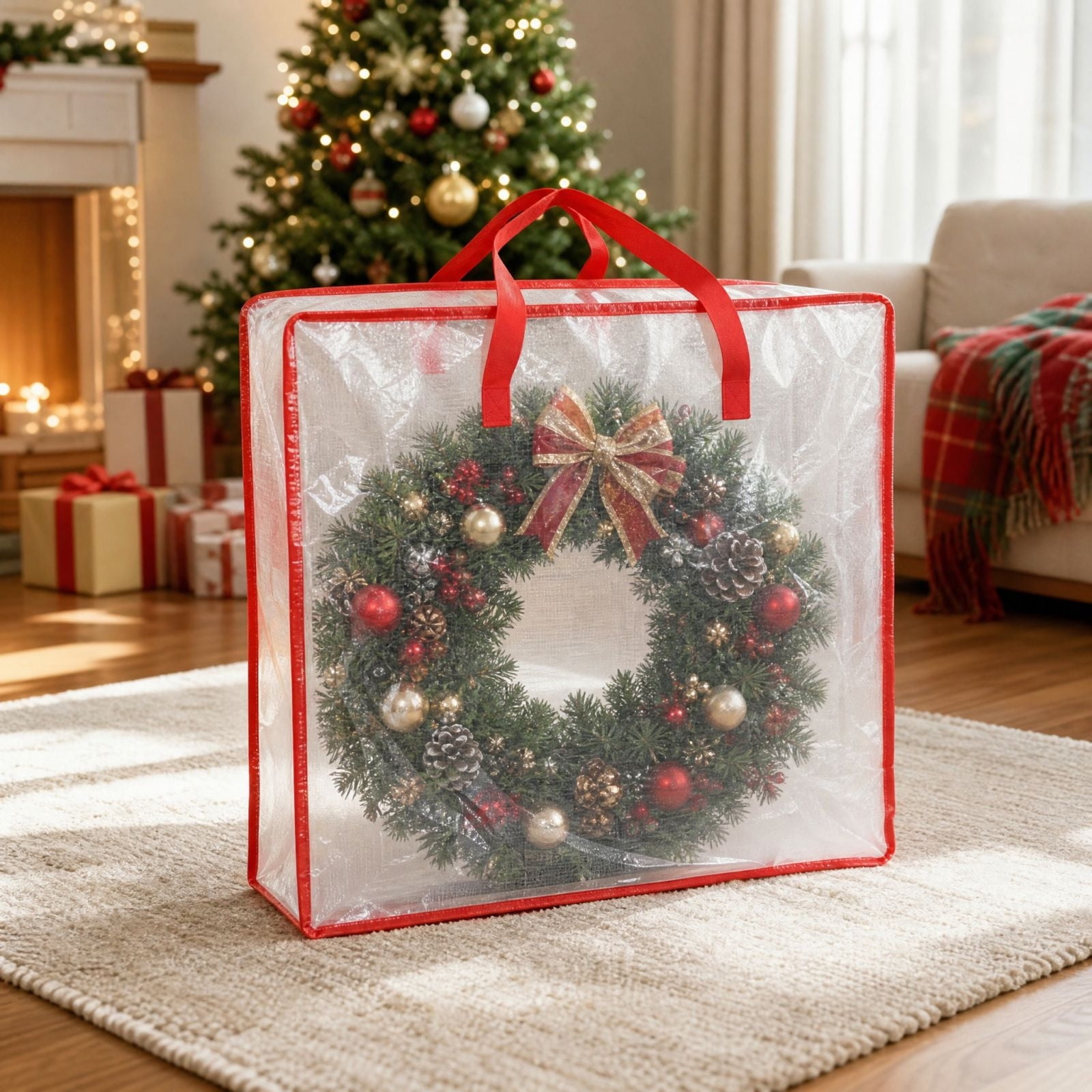 Clear Christmas Wreath Storage Container 26 Large Plastic Garland Container Large Square Gift Bag Storage Organizer Garland Decor Organizer, Clear Storage Bags for Xmas Seasonal Wreath