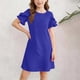 thumbnail image 1 of Vestido de manga corta con cuello redondo de color liso para niñas de medianas y grandes, informal, cómodo y de poliéster., 1 of 8
