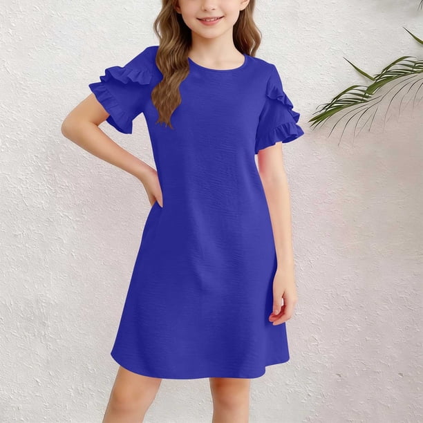 Vestido de manga corta con cuello redondo de color liso para niñas de medianas y grandes, informal, cómodo y de poliéster.