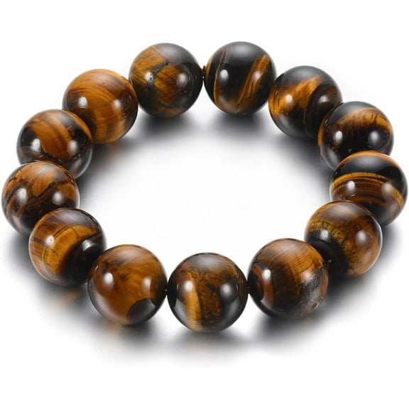 14MM Large Tiger Eye Beads Link Chain Bangle Bracelet for Men Women, Stretchable