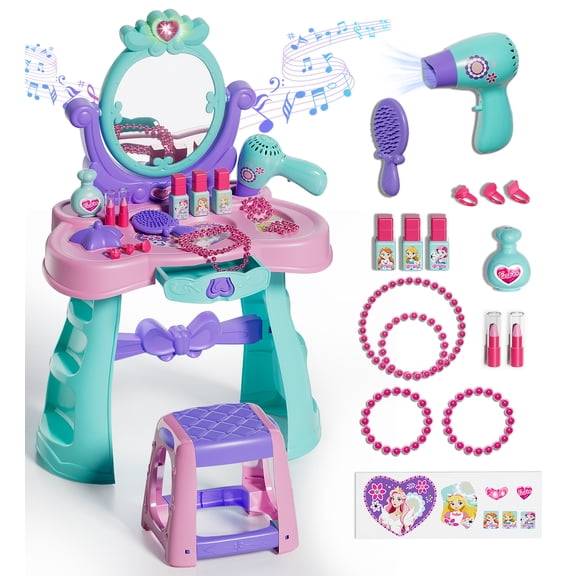 Toddler Vanity Sets for Girls, Toddler Vanity Makeup Table with Mirror & Chair & Light & Music, 2 Year Old Toys for Girls